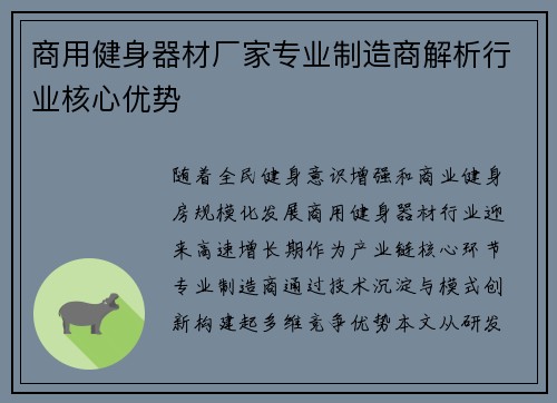 商用健身器材厂家专业制造商解析行业核心优势