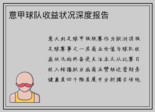 意甲球队收益状况深度报告